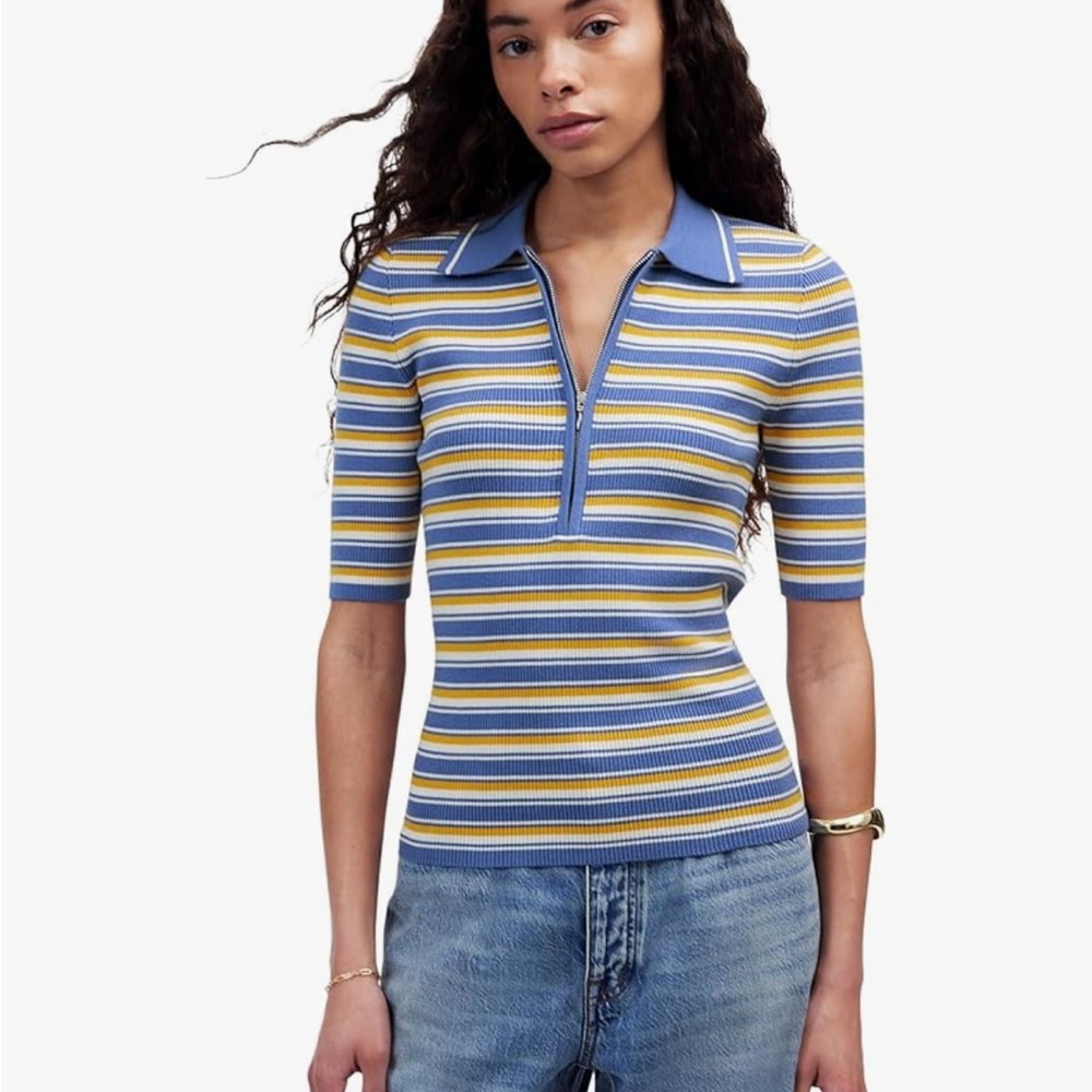 Madewell Striped Remi Cotton Half-Zip Polo